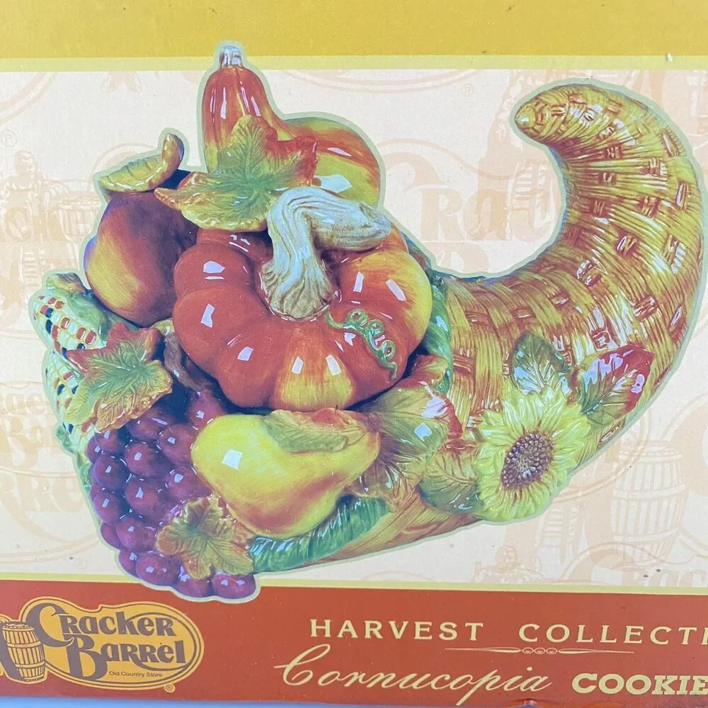 Cracker Barrel Bountiful Harvest Cornucopia Cookie Jar Thanksgiving 11”x9”x9”